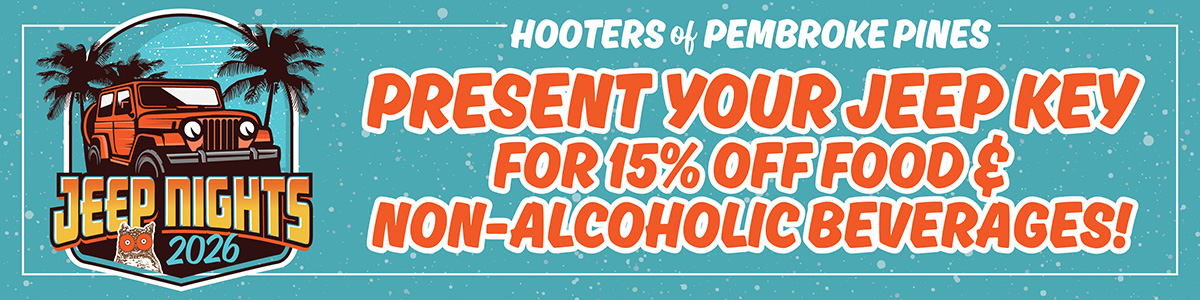 15% off food and non-alcoholic beverages when you present your jeep key