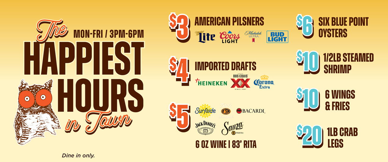 Happy Hour Mon - Fri 3pm - 6pm $3 American Pilsners, $4 Imported Drafts, $5 Surfside, Tito's Bacardi, Jack Daniels, Sauza, 6oz. wine, '83 Rita | $6 six blue point oysters, $10 1/2lb steamed shrimp, $10 6 wings & fries, $20 1lb crab legs