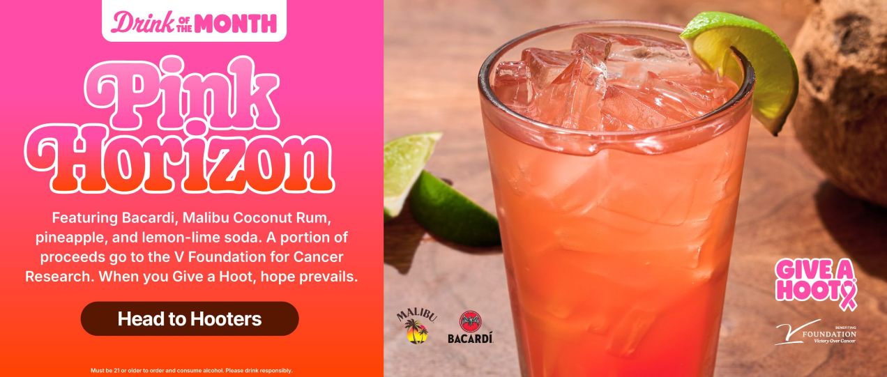 Drink of the Month Pink Horizon | Featuring Bacardi, Malibu Coconut Rum, pineapple, and lemon-lime soda. A portion of Proceeds go to the V Foundation for Cancer Research. When you Give a Hoot, Hope Prevails.